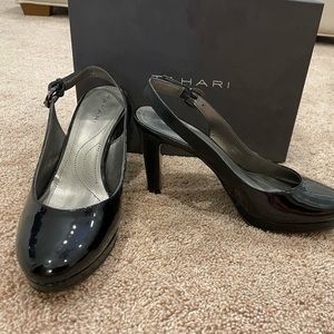 Tahari Black Platform Patent Sling Black Heels 6.5